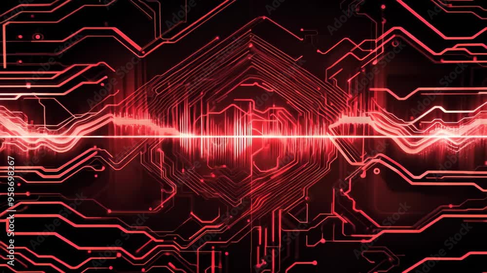 Aufkleber a vibrant abstract background with intricate red circuit patterns and an audio waveform. perfect for