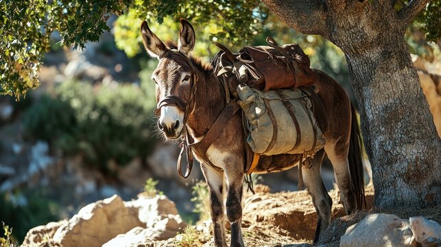 A Loaded Donkey Standing Under a Tree