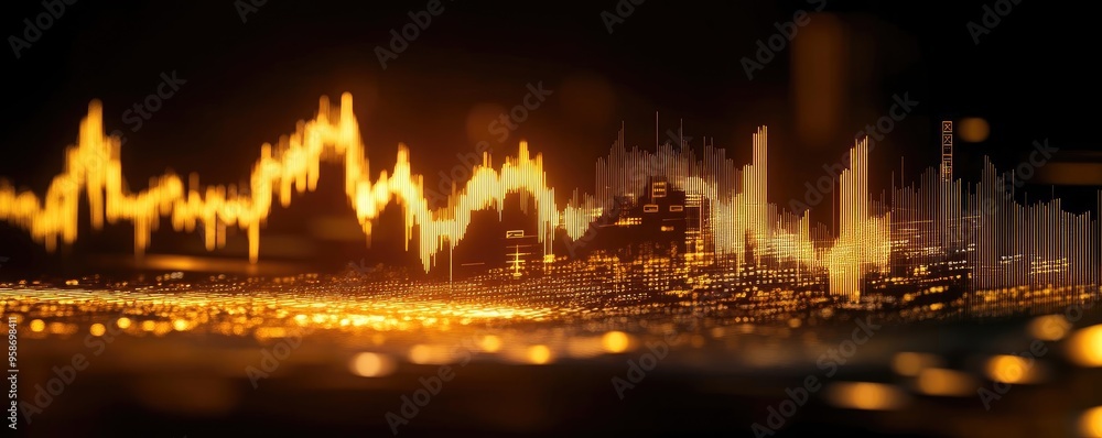 Aufkleber Abstract visualization of a digital signal wave, glowing lines representing data flow and market trends in a dark environment.