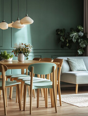 The home is finished with a light green wall. It is a modern pastel-toned interior with a wood table for dining and light green chairs and accessories. Generative AI