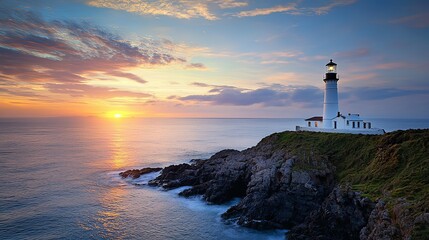 Fototapeta premium Captivating Seaside Sunset with Picturesque Lighthouse Standing Tall on Rocky Coastline