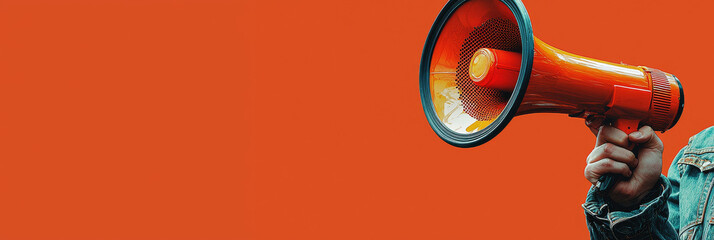 A hand holds a bright orange megaphone against a bold orange background, ready to amplify a message.