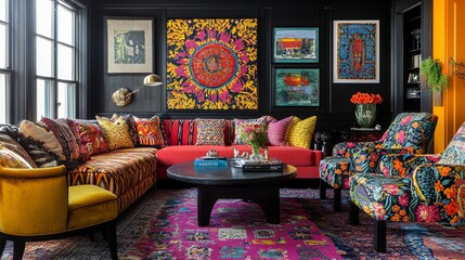 A Vibrant Living Room with Colorful Artwork and Furniture