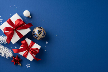 Festive Christmas scene featuring gift boxes with red bows, ornaments, and seasonal decorations on...