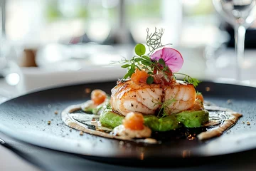 Close up of a beautifully plated gourmet seafood dish with vibrant garnishes and elegant presentation