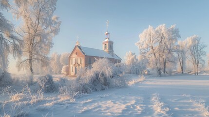 Winter landscape photo with church and frost-covered trees.