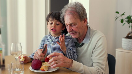 Grandfather and grandson peeling apple together, shared activity, familial bond, guidance, learning moment, cutting fruit, home setting, quality time, apple preparation, teaching