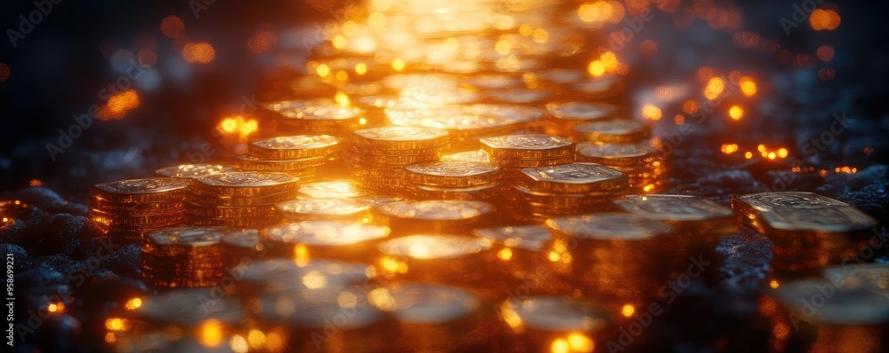 Poster Glistening coins scattered in a surreal atmosphere, illuminated by a warm glow, creating a captivating and enchanting scene.