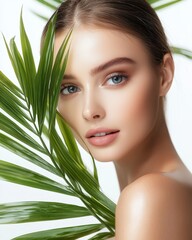 Naklejka premium Beautiful young woman surrounded by green leaves. Concept of skin care and beauty treatments. Close-up of the girl's face with green leaves.