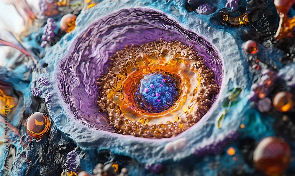 Poster close-up of a multicolored abstract cell with a nucleus