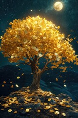 A photo of a golden Bitcoin tree with coins as leaves, shimmering under moonlight, surreal and mystical