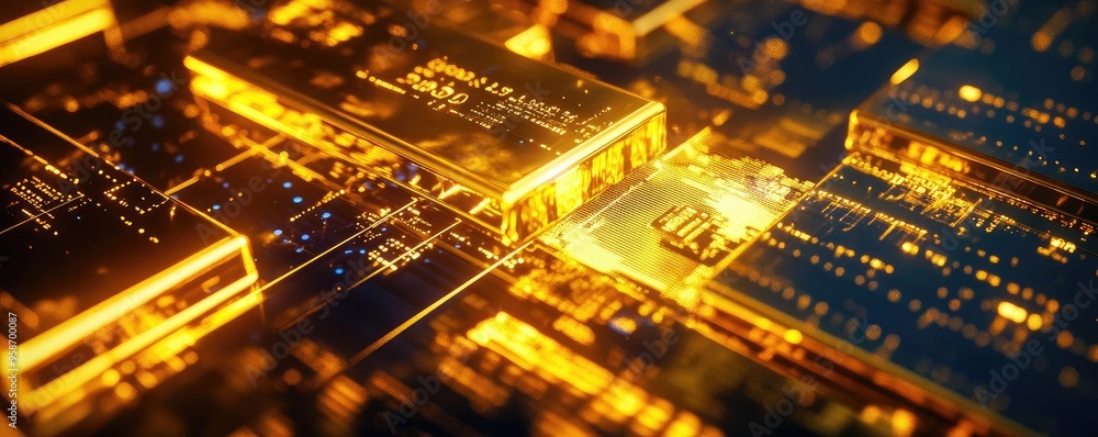 Poster Abstract macro view of a golden circuit board, illustrating intricate technology and connectivity in a modern digital environment.