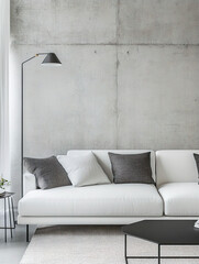 Minimalist interior photos of the living room with exposed concrete-finished walls and white sofas and cushions. Generative AI
