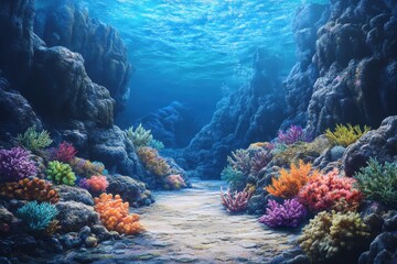 Naklejka premium Underwater Canyon with Colorful Coral Reefs