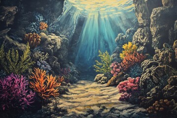 Obraz premium Underwater Scene with Sunlight and Coral Formations