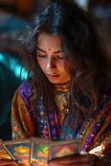 A photo of a mystical fortune teller reading crypto trends from tarot cards, blending mysticism and finance