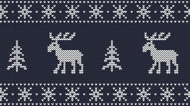 Christmas Animation. Moving Knitted Pattern with Deer and Fir Trees on Dark Blue Background. Loop Background. Ornament. Banner. Seamless Border 