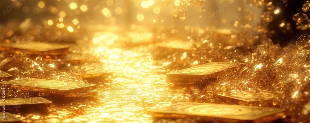 Poster a shimmering path of gold coins illuminated by soft light, creating a magical, treasure-filled atmos