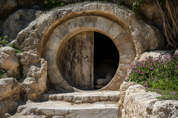 A stone cave featuring a round entrance and a large, round stone door, reminiscent of ancient burial sites or biblical tombs