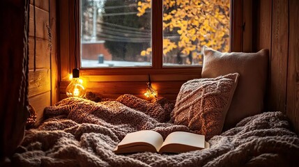 Cozy Autumn Afternoon by the Fireplace with Book and Warm Ambiance
