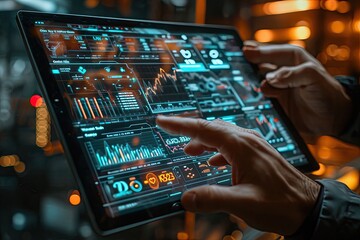 Naklejka premium A photo of a person's hand holding a tablet showing stock market graphs, futuristic and high-tech
