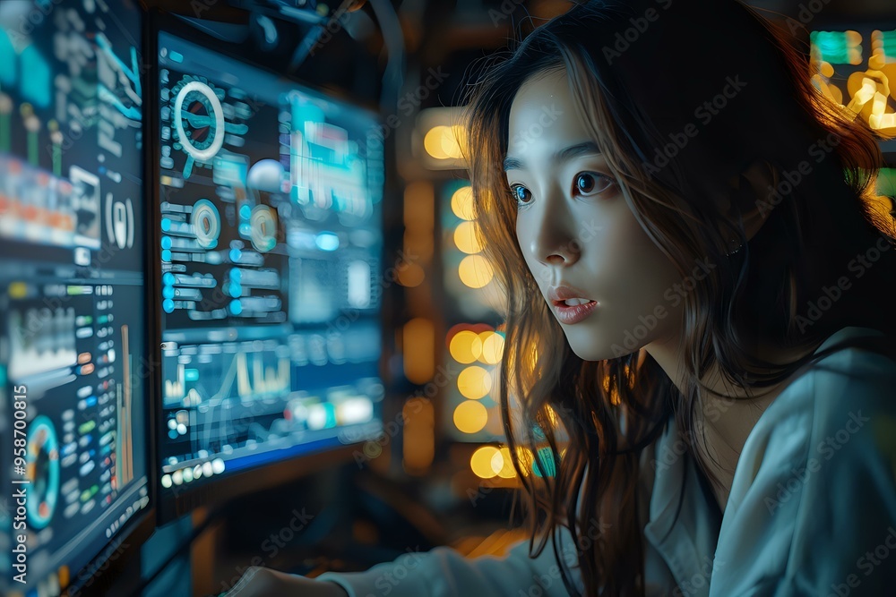Poster focused scene of a woman intently working at multiple high-tech computer monitors, surrounded by dat