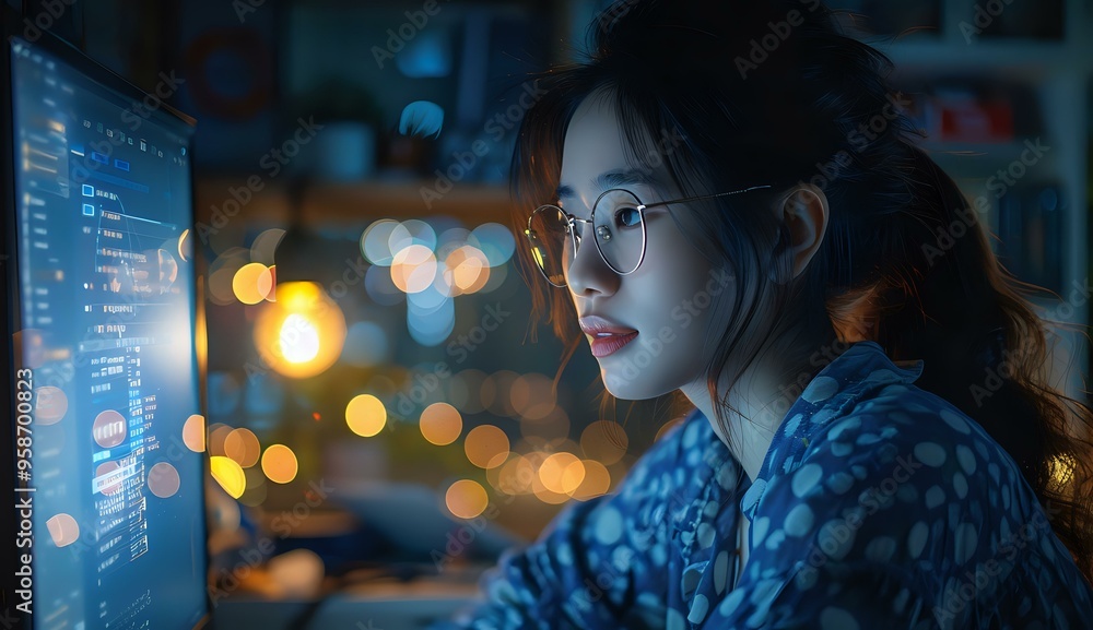 Poster focused scene of a woman intently working at multiple high-tech computer monitors, surrounded by dat
