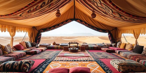 Inside a traditional desert tent with a view of sand dunes.
