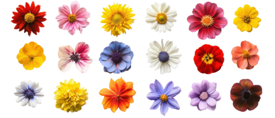 Top view, collection of various flowers showcasing their unique colors and shapes isolate on transparent background, cutout, png
