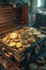A photo of an ancient treasure chest overflowing with digital coins and USB drives, blending old and new wealth