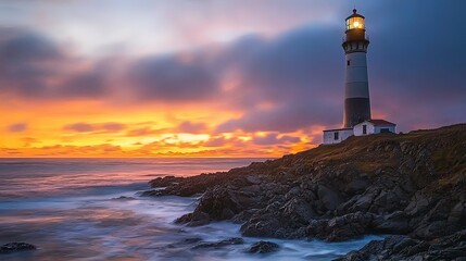 Dramatic Sunset Over Coastal Lighthouse with Crashing Waves and Stormy Skies