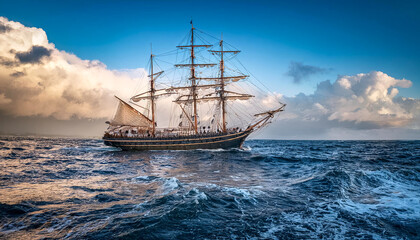 Fototapeta premium Altes Segelschiff, Windjammer auf dem Meer bei rauher See, Generative AI