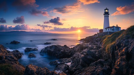 Dramatic Sunset over Rugged Coastal Lighthouse with Crashing Waves
