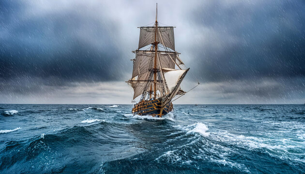 Altes Segelschiff, Windjammer auf dem Meer bei rauher See, Generative AI