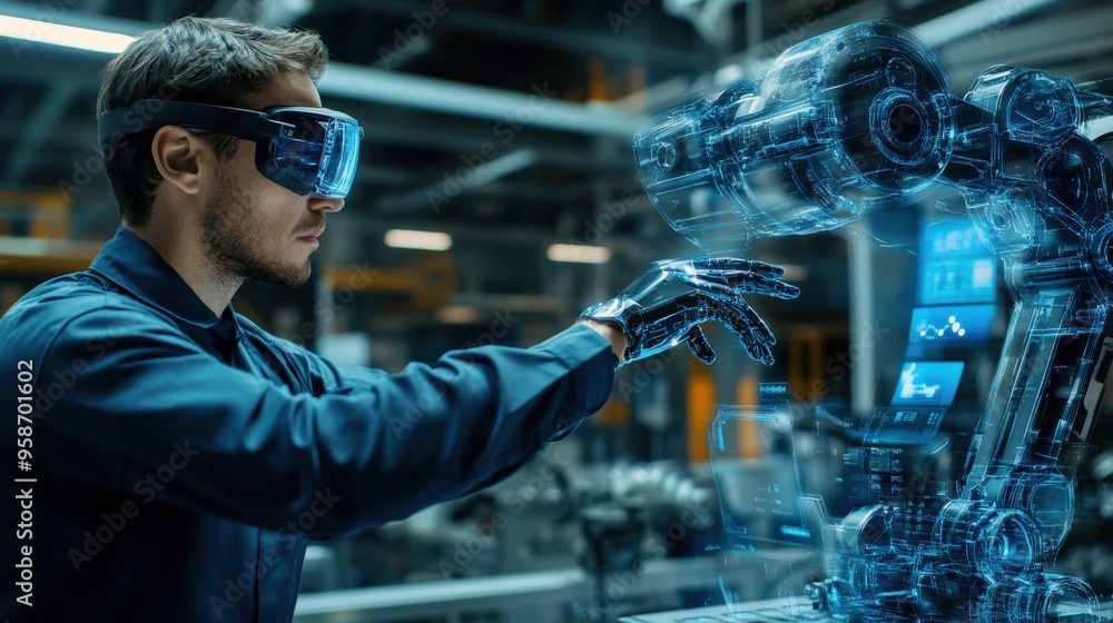 Aufkleber an engineer wearing virtual reality goggles interacts with a robotic arm, fine-tuning its operations