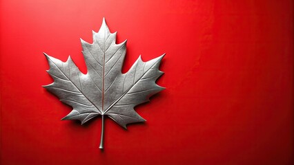 silver, close-up, foliage, iconic, isolated, nature, national symbol, medium shot, Canadian, shiny, A medium shot of a silver Canadian maple leaf on a red background with ample copy space