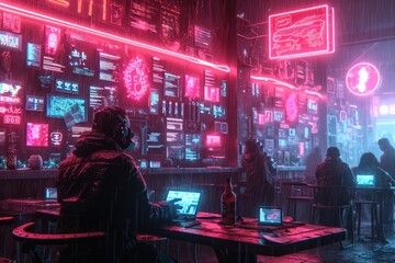 Obraz premium A scene of a cyberpunk cafe where patrons are trading cryptocurrencies, neon lights and futuristic ambiance