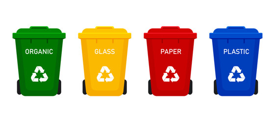 Plastic trash cans with texts. Vactor illustration. Isolated on a white background. Vector illustration in flat style.	
