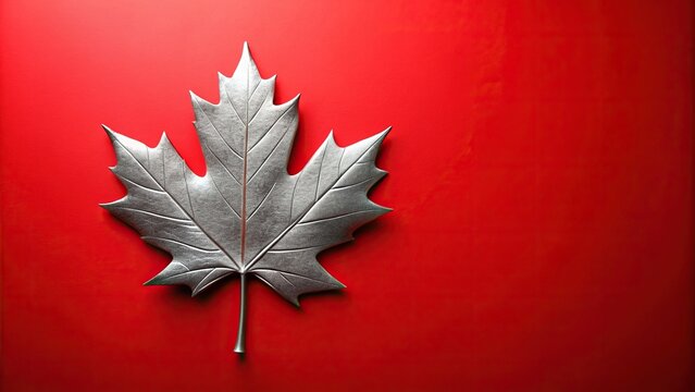 silver, close-up, foliage, iconic, isolated, nature, national symbol, medium shot, Canadian, shiny, A medium shot of a silver Canadian maple leaf on a red background with ample copy space