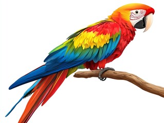 Fototapeta premium A vibrant and colorful parrot perched on a branch, showcasing stunning plumage of red, blue, green, and yellow feathers.