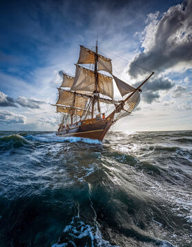 Altes Segelschiff, Windjammer auf dem Meer bei rauher See, Generative AI