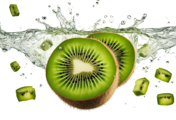 A kiwi fruit suspended in mid-air surrounded by a lively burst of kiwi juice on transparency backgro