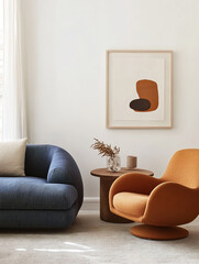 There are blue sofas and orange armchairs in the white-walled living room. A modern minimalist interior photograph. Generative AI