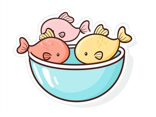 A vibrant illustration of three cute fish in a blue bowl, perfect for children's themes and aquatic designs.