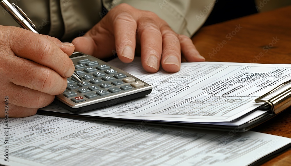 Poster close-up of hands using a calculator and pen on a financial document