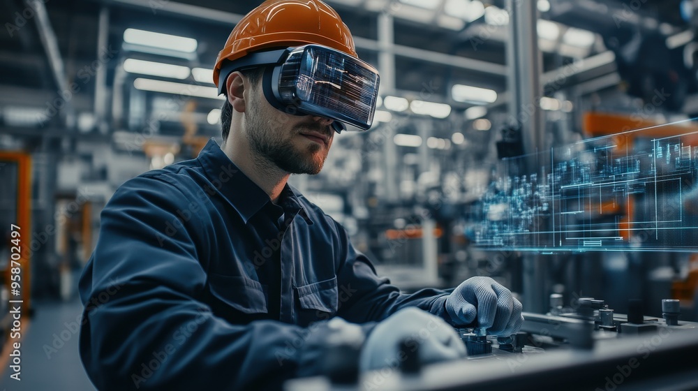 Poster an engineer in a safety helmet engages with an augmented reality headset, analyzing digital data whi
