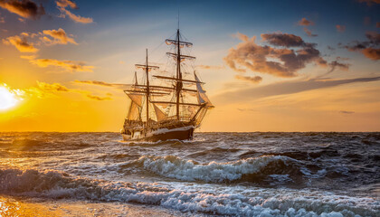 Fototapeta premium Altes Segelschiff, Windjammer auf dem Meer bei rauher See im Sonnenuntergang, Generative AI