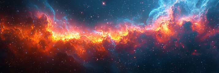 A fiery nebula explodes with vibrant colors against a dark starry sky.