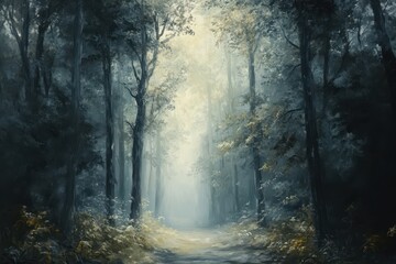 Fototapeta premium A Misty Forest Path with Sunbeams Filtering Through the Canopy