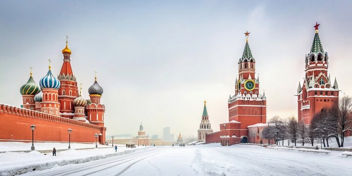 A minimalist stock photo showing a snowy winter scene of Moscow s iconic Red Square and the imposing Kremlin with its red brick walls and majestic towers, traditional, famous